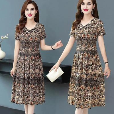 Vintage-Midikleid mit Blumendruck für Damen, kurzärmelig, gesmoktes A-Linien-Kleid, Sommerkleid mit V-Ausschnitt und schwingendem Sommerkleid