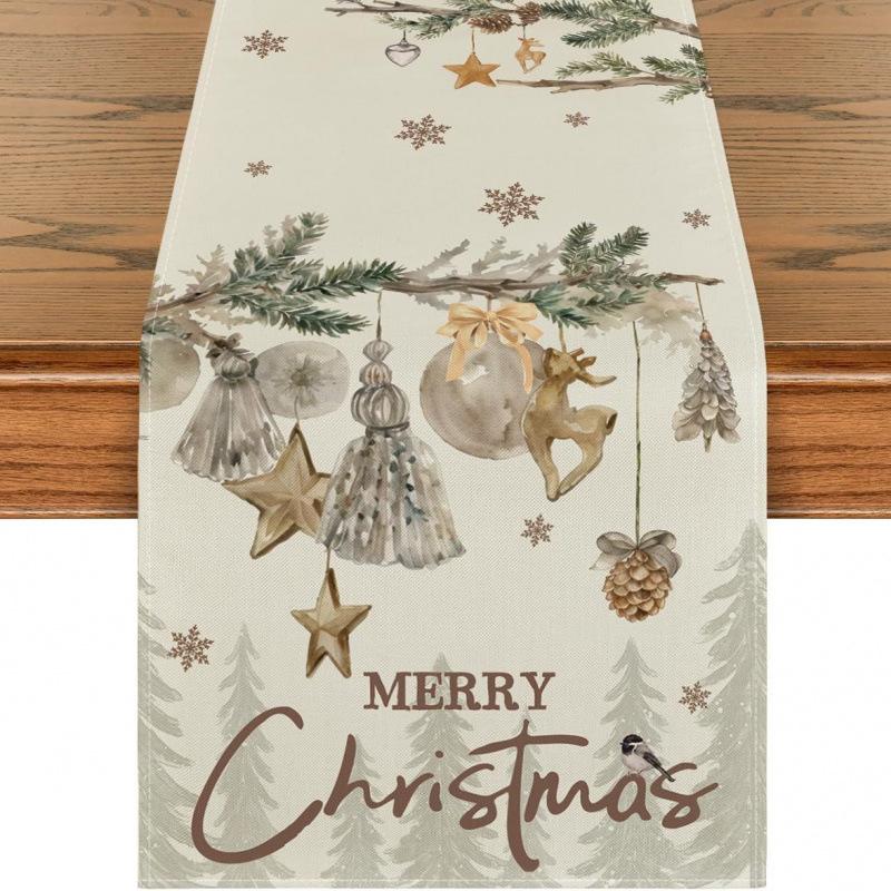 Festive Snowman Christmas Tree Table Runner Home Kitchen Dining Tablecloth for Party Decoration