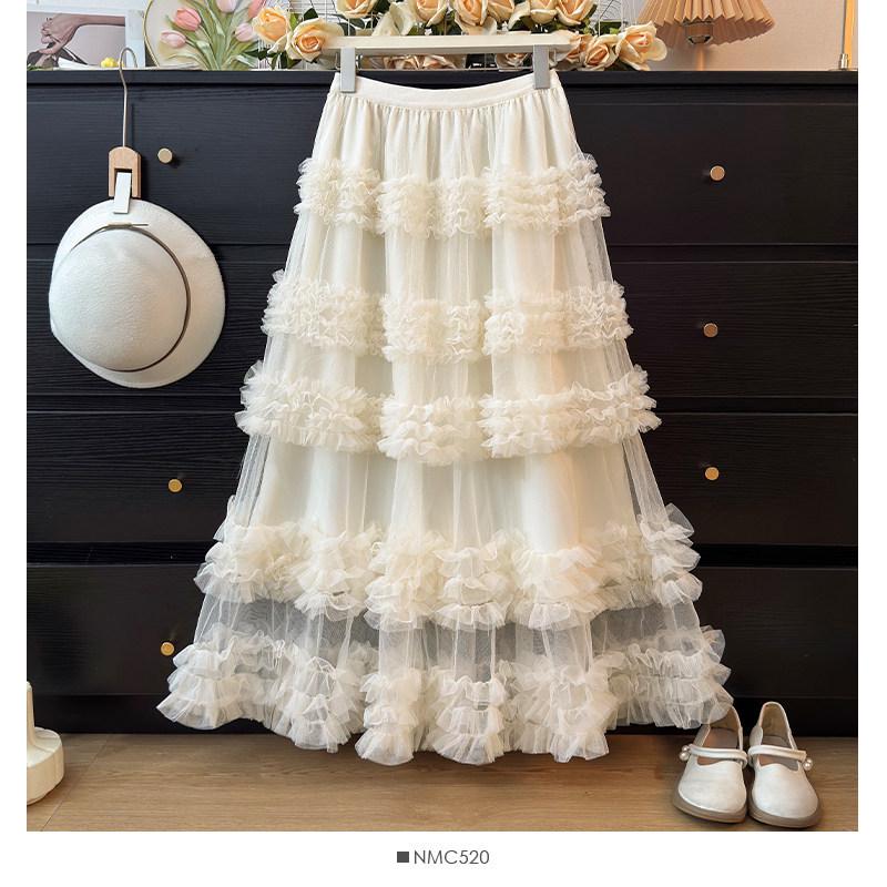 Sweet Style High Waist Ruffled Lace Gauze Maxi Skirt