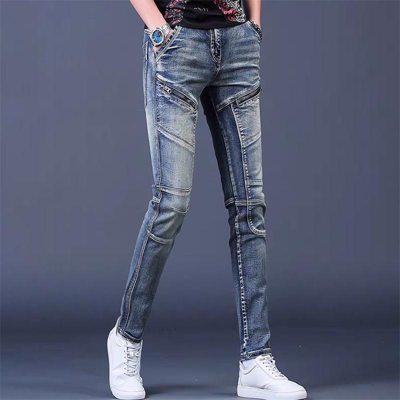 Men's Slim Fit Washed Retro Stretch Jeans - Trendy Skinny Motorcycle Pants for Spring and Autumn