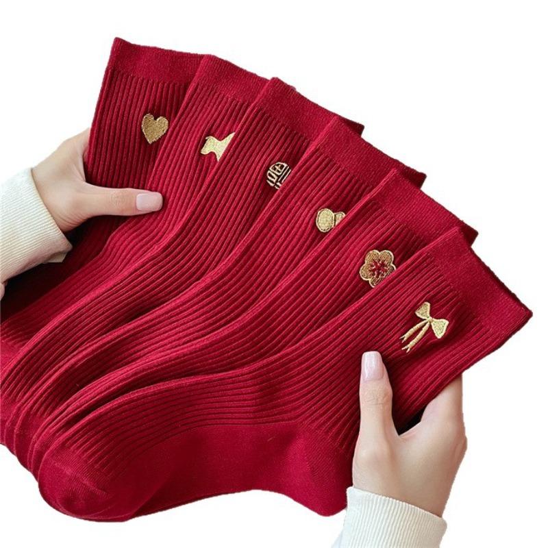 Dark Red Sock Children's Style Winter and Autumn Double Embroidery Wedding and New Year Mid-length Socks