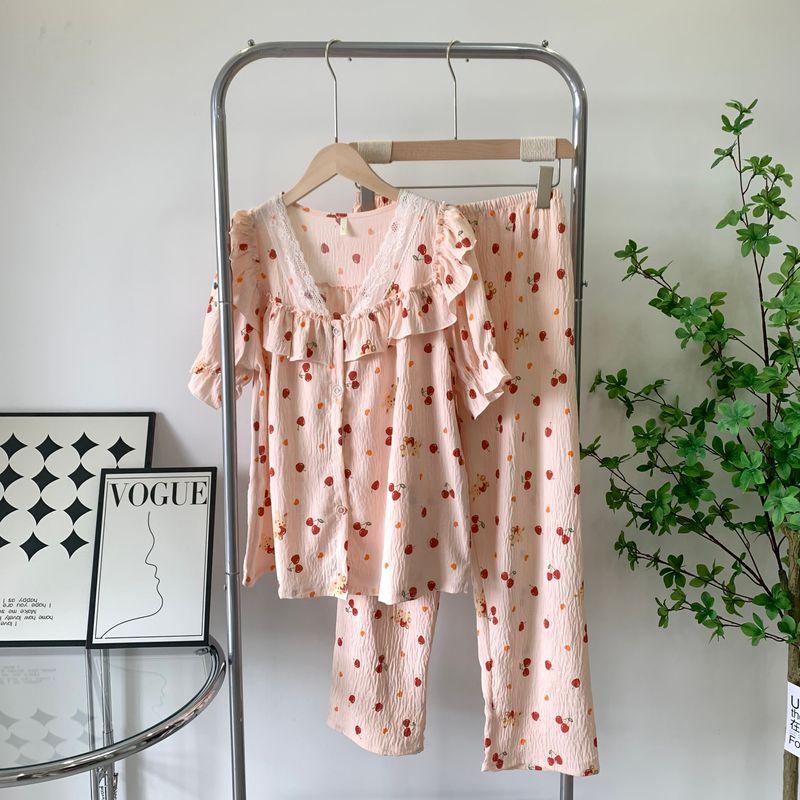 Spring and Autumn Lace Floral Pajamas Female Princess Style Loose Sweet Home Wear Clouds Cotton Suit Short Sleeve Pants
