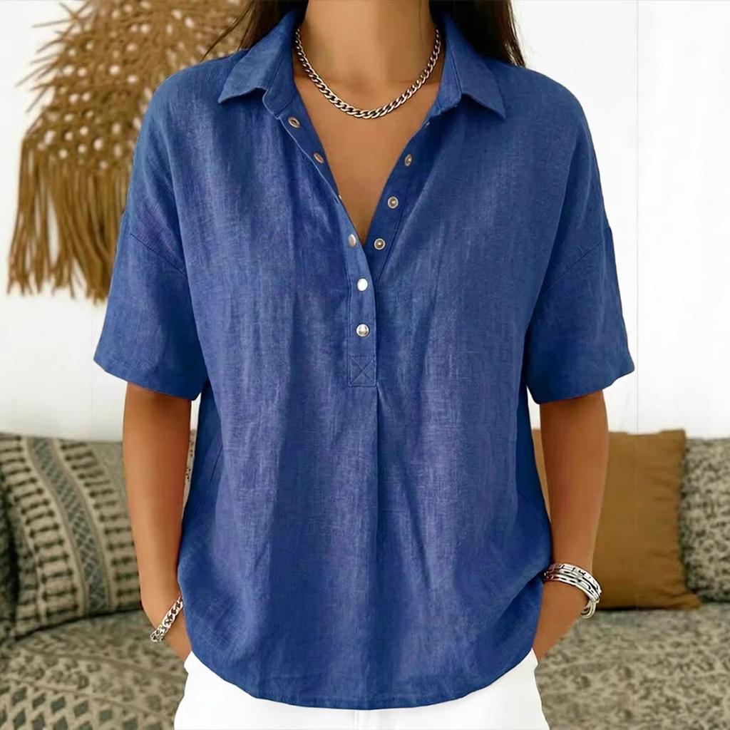 Summer Women's Loose Comfortable Solid Color Lapel Short Sleeve Shirt, European American Style Casual Blouse for Crossborder