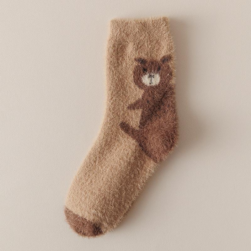 Women's Socks, Cartoon Cute Little Bear Mid-Calf Socks, Thickened for Autumn and Winter, Warm Wool Slouch Socks, New Style Socks
