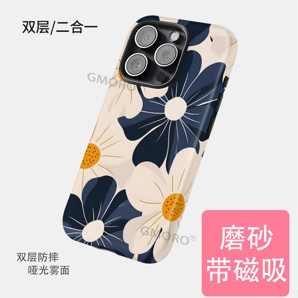 Hand Painted Blue and White Flower Mobile Phone Case 2-in-1 Mobile Phone Case Apple 17 Protective Case Iphone16 Matte Mobile Phone Case
