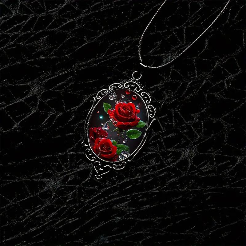 Red Rose Flower Pattern Oval Glass Pendant Necklace