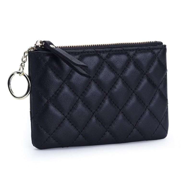 Korean Sheepskin Change Purse Women's Hand-held Key Chain Loose Wallet Diamond-grid Zipper Mini Genuine Leather