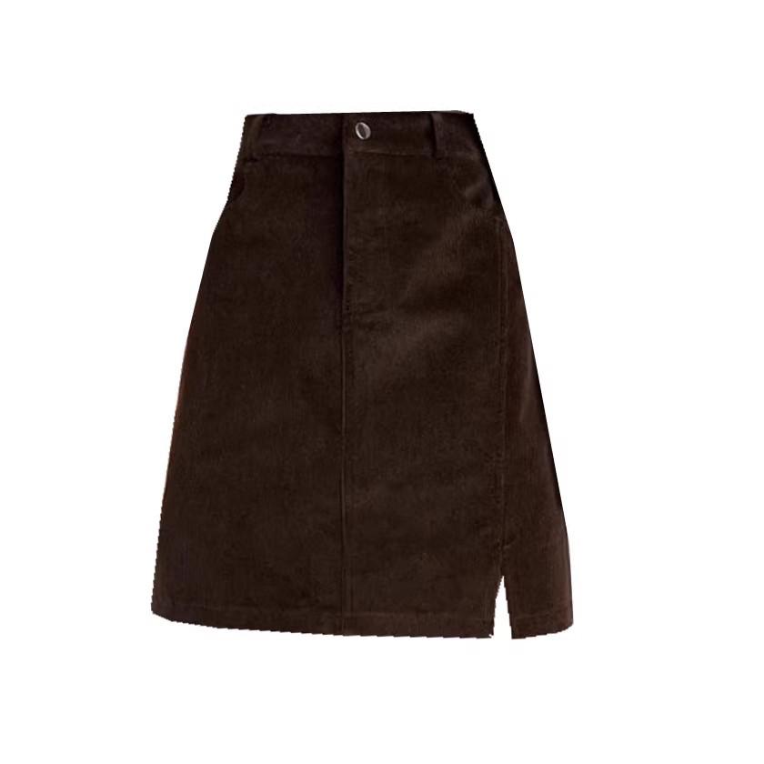 Plus Size Coffee Corduroy A-line Midi Skirt with Side Slits - Retro Hip-Covering Bodycon for Autumn/Winter