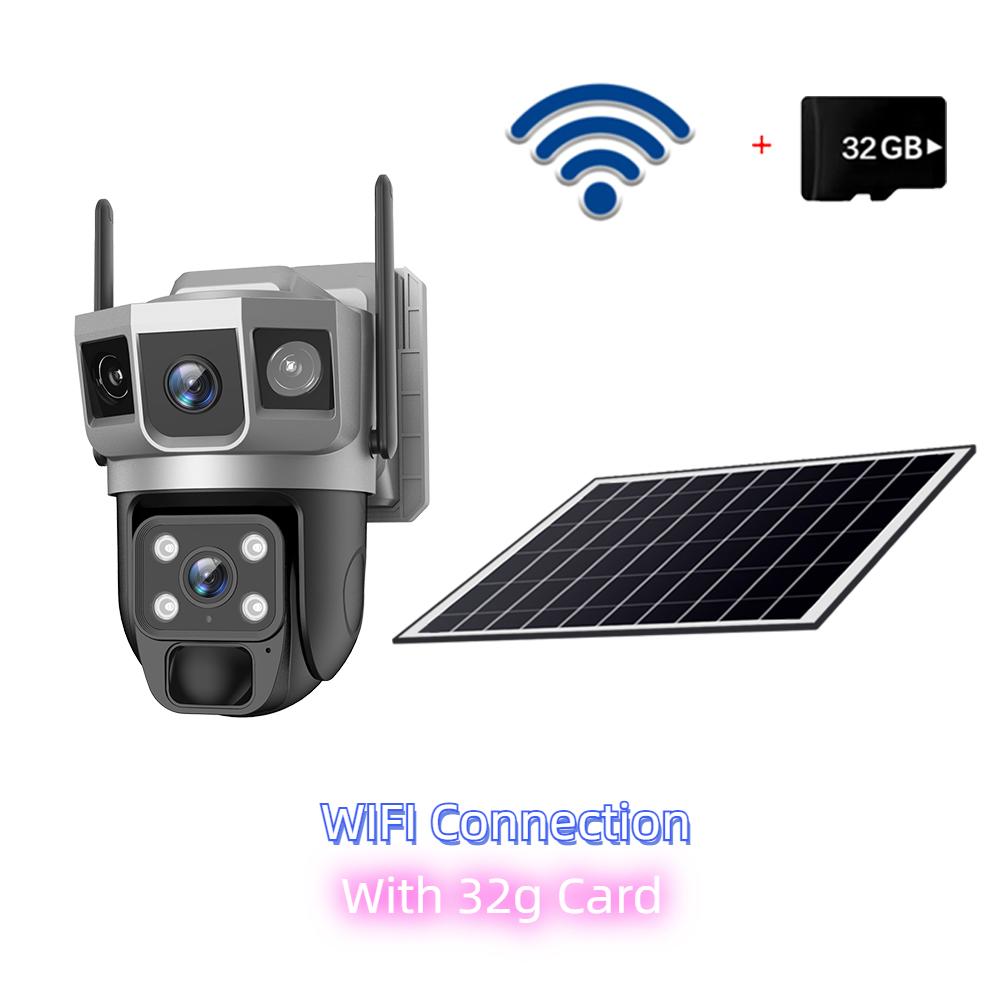 Solar-powered Surveillance Camera, HD 2-lens 3-screen Display, 10x Zoom, Automatic Human Detection Tracking, 4G/WIFI CCTV Recorder