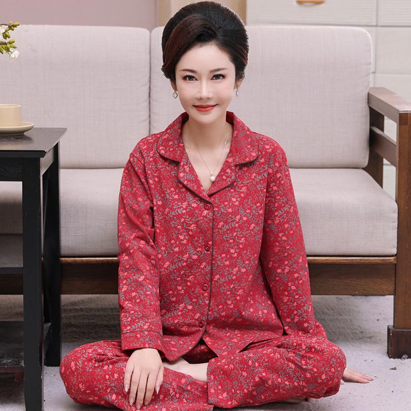 Festive Red Pure Cotton Long-Sleeve Pajama Set for Middle-Aged & Elderly Women (2026)