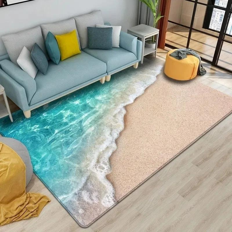 3D Meer Strand Teppich für Schlafzimmer Lounge Dekoration Wellen Rutschfeste Teppiche Wohnzimmer Couchtische Bodenmatten Wohnaccessoires