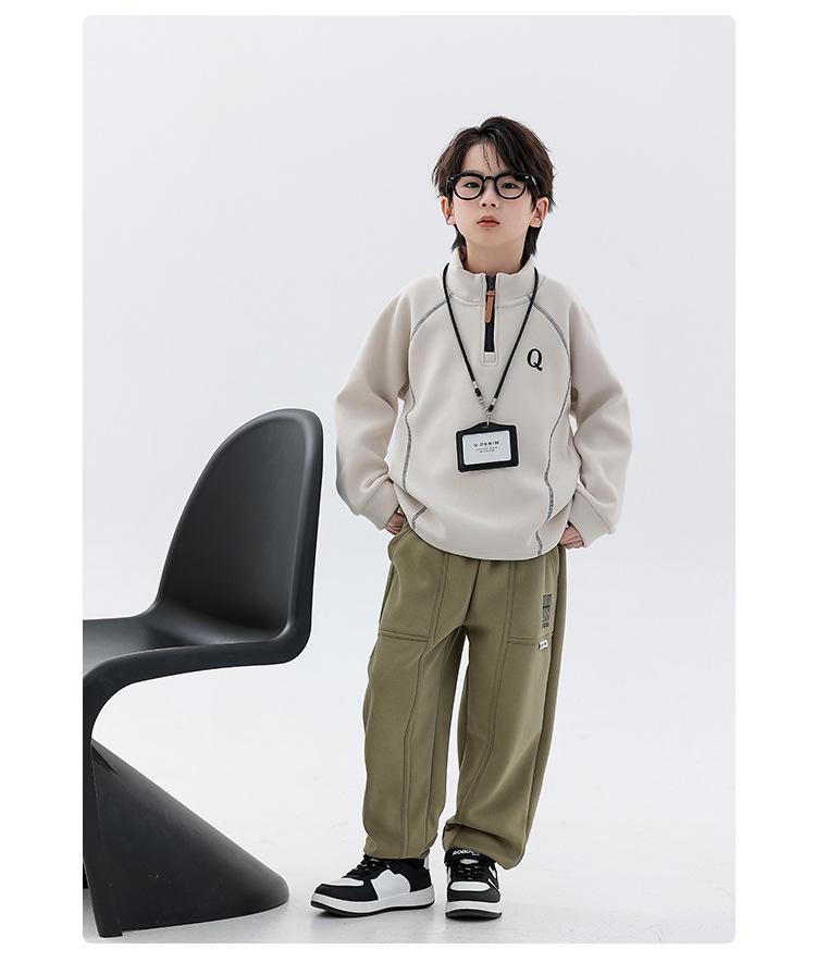 Boys' Plush Fleece Sweatpants - 2025 Autumn/Winter Collection: Thick, One-Piece, Loose Fit for Older Kids