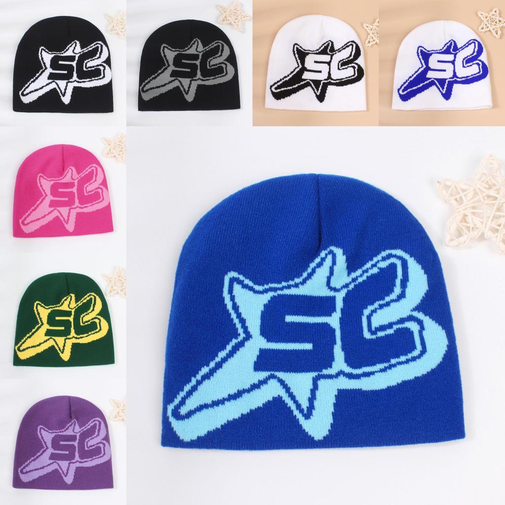 Hat Hip Hop Style Letters Unisex Warm No Brim Solid Color Knit Hatsbeanie