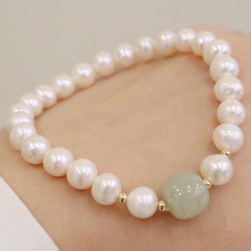 

1pc Fashion Pear Bracelet, Natural Fresh Water Round Large Pearl Bracelet with Jade Simple Loop Bracelet for Lady