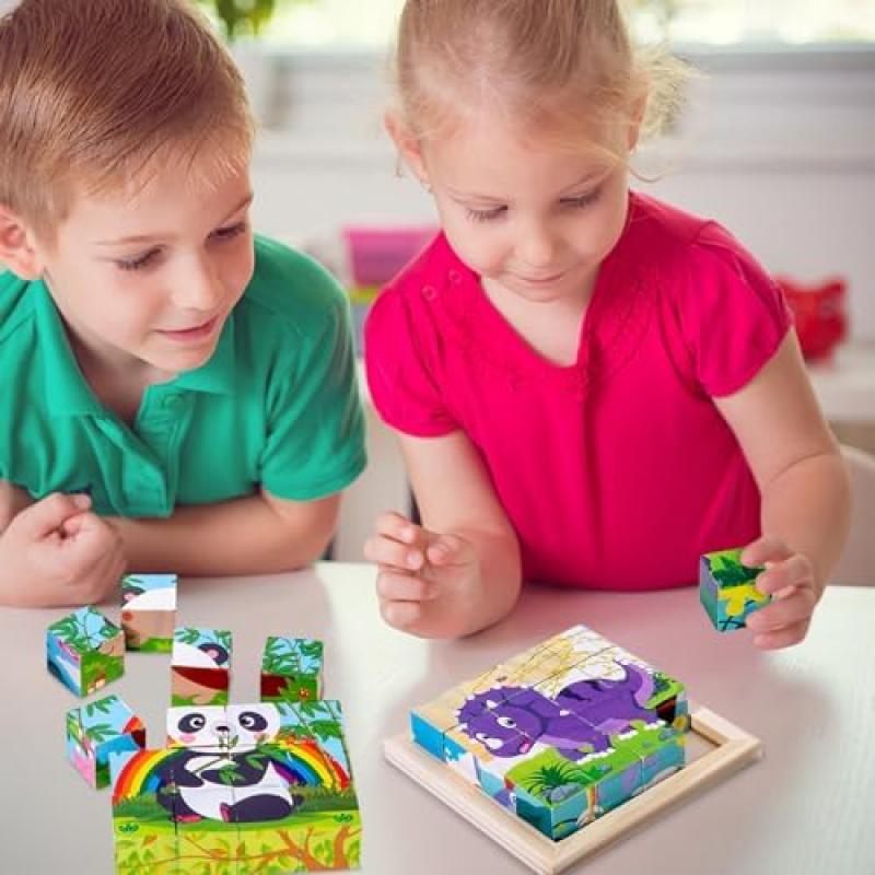 Bilderwürfel Holz 16-Piece Wooden Cube Puzzle 3D Puzzle Game Montessori Educational Toy for Boys Girls Ages 2 3 4 Years Old