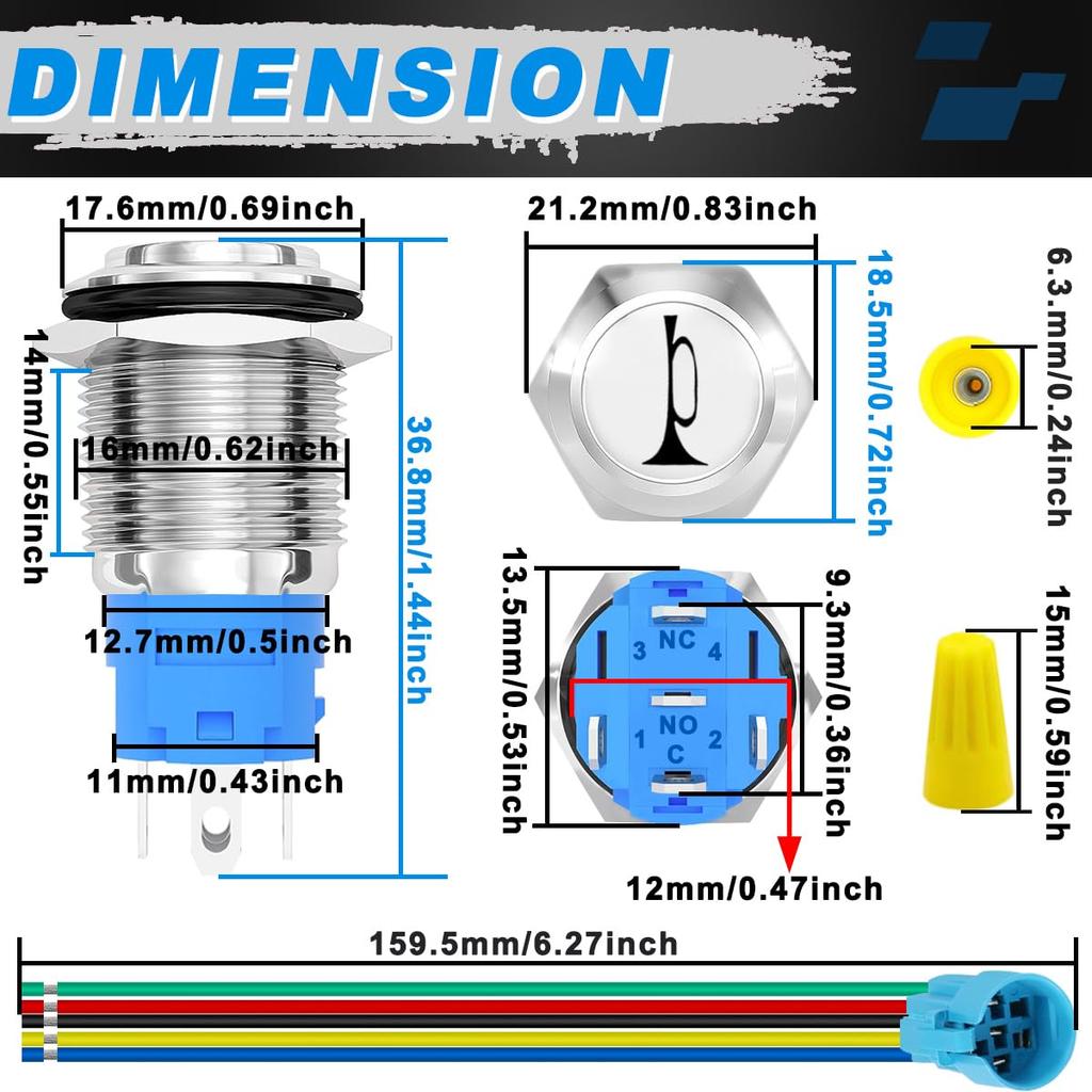 MKBKLLJY 16MM Horn Switch Raised Speaker Horn Momentary Push Button Switch DC -24V 5A