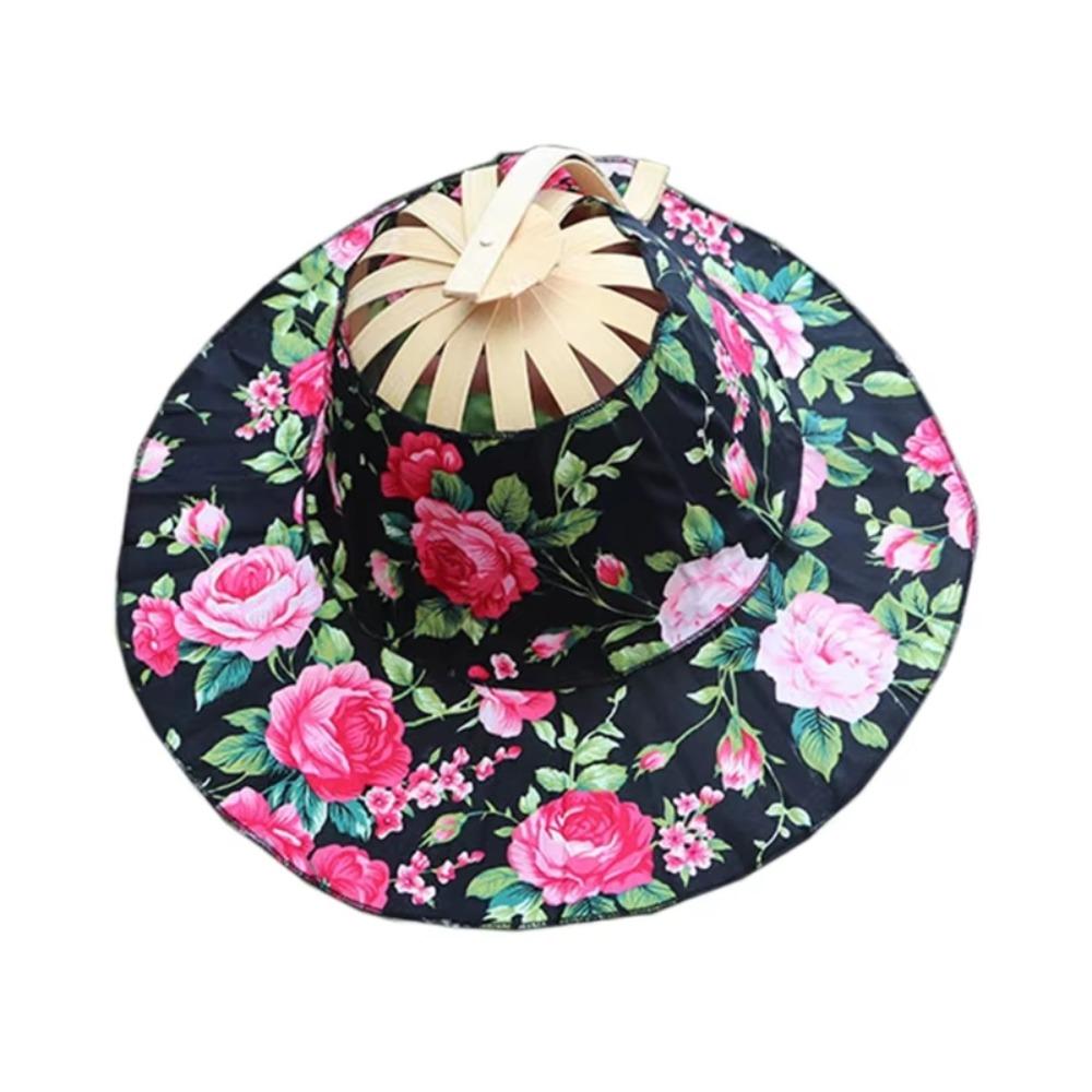Floral Printed Fan Sun Hats Foldable Bamboo Sunscreen Cap Women Sunhat Folding Fan Hat  for Travel