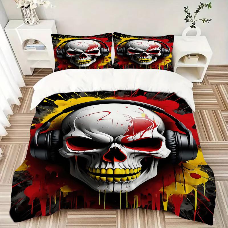 3pcs Headphones of Death Pattern Bedding Three-Piece Set (1 Cover + 2 Pillowcases, No Fillings), This Printed Bedding Set Is