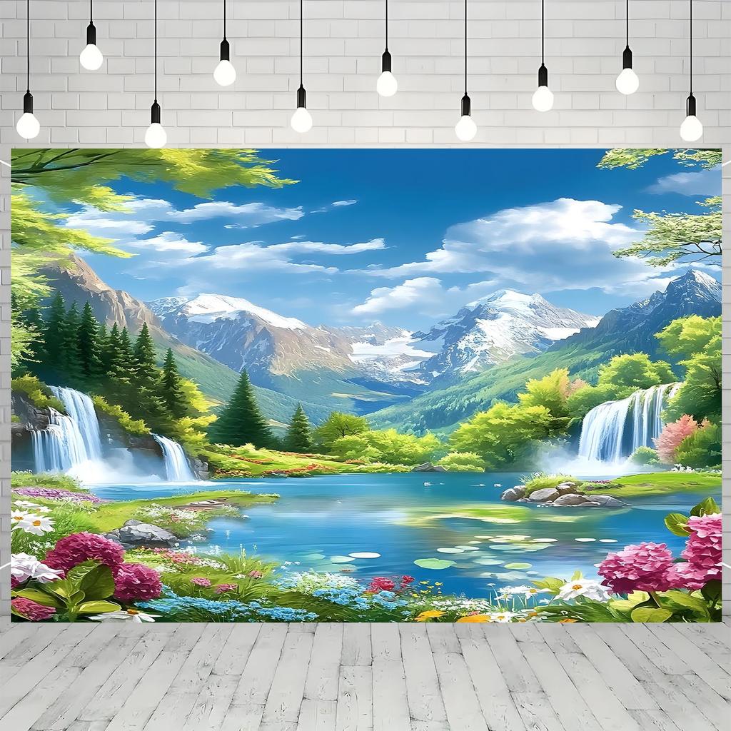 1 banner with mountain view background wall decoration, birthday and anniversary celebration supplies, holiday accessories