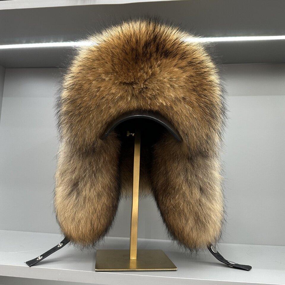 New Winter Men's 100% Real Silver Fox Fur Bomber Hat Raccoon Fur Ushanka Cap Trapper Russian Man Ski Hats Caps Real Leather