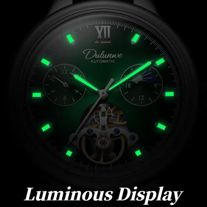 Dulunwe Luxury Men's Watch with Moon Phase & Tourbillon Retro Hollow Mechanical Wristwatch Stainless Steel Automatic Movement Men Watches