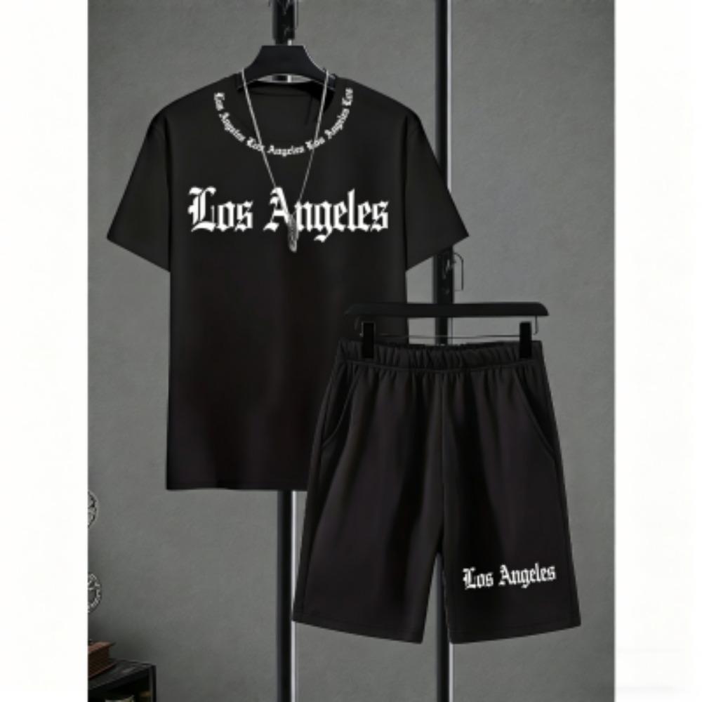 Men's Set Letter Printed Men's T-shirt and Shorts 2 Piece Set Summer Casual Outdoor Men's and Women's Outfit Clothing