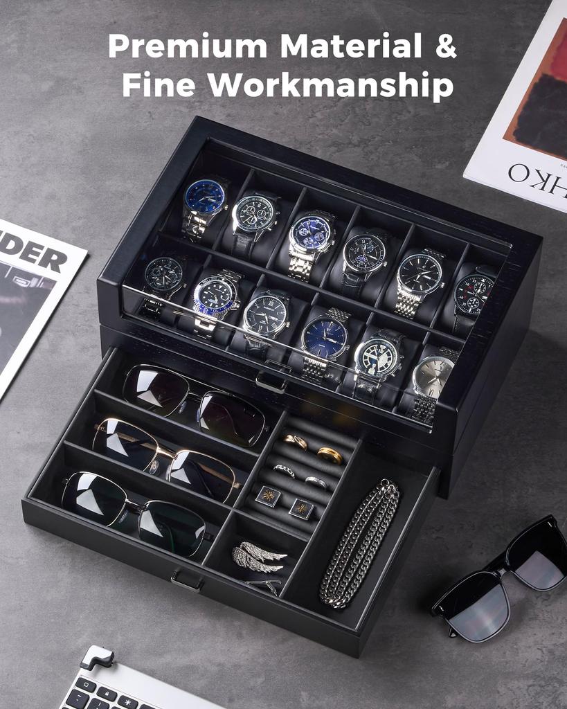 ProCase Wooden Watch Case, Holds 12 Watches, 2-Tier Watch Box, Jewelry Organizer for Men, Display Storage Case with Glass Lid - Black