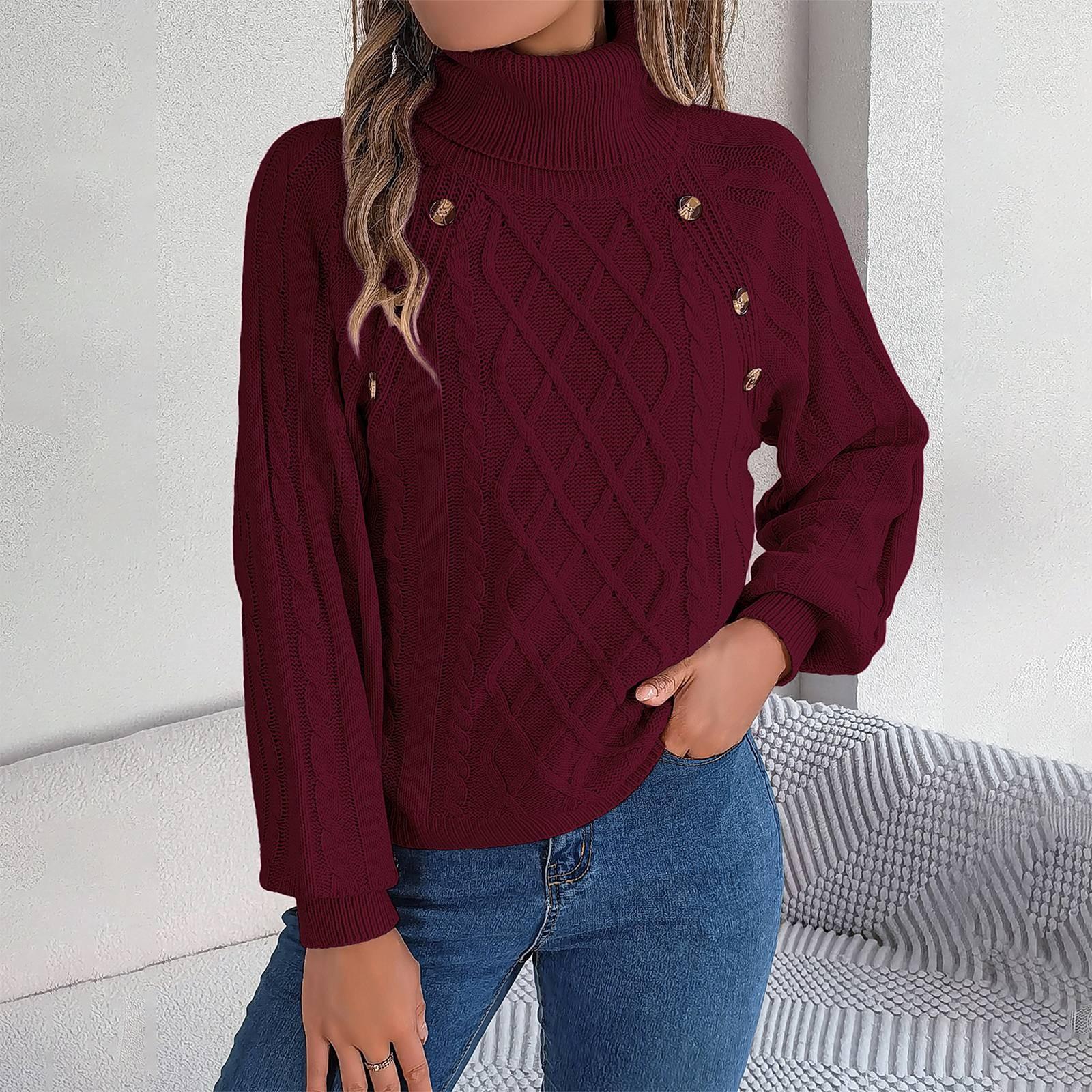 

Женская мода повседневная свободная водолазка на пуговицах однотонный длинный рукав свитер пуловер топ M винный