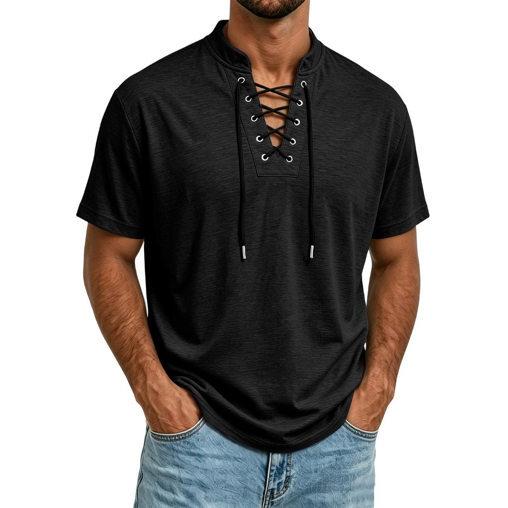 T-shirt décontracté à manches courtes pour homme Tissu léger et respirant Col à cordon de serrage Haut d'été
