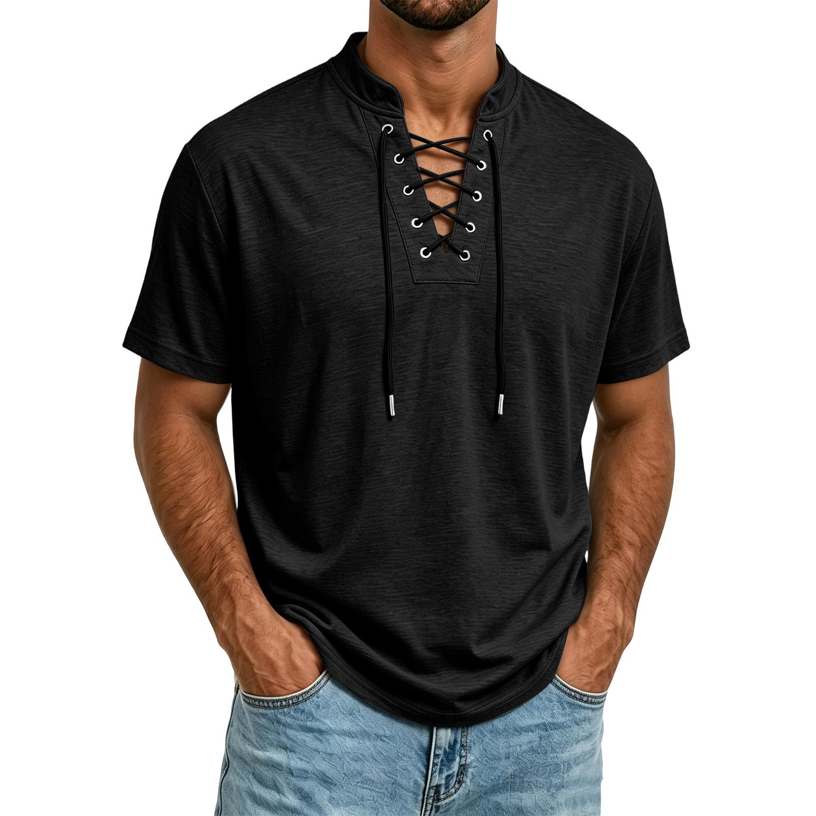 Xingben Six Casual T-shirt voor heren, korte mouwen, lichtgewicht, ademende stof, nek met trekkoord, zomer top M zwart