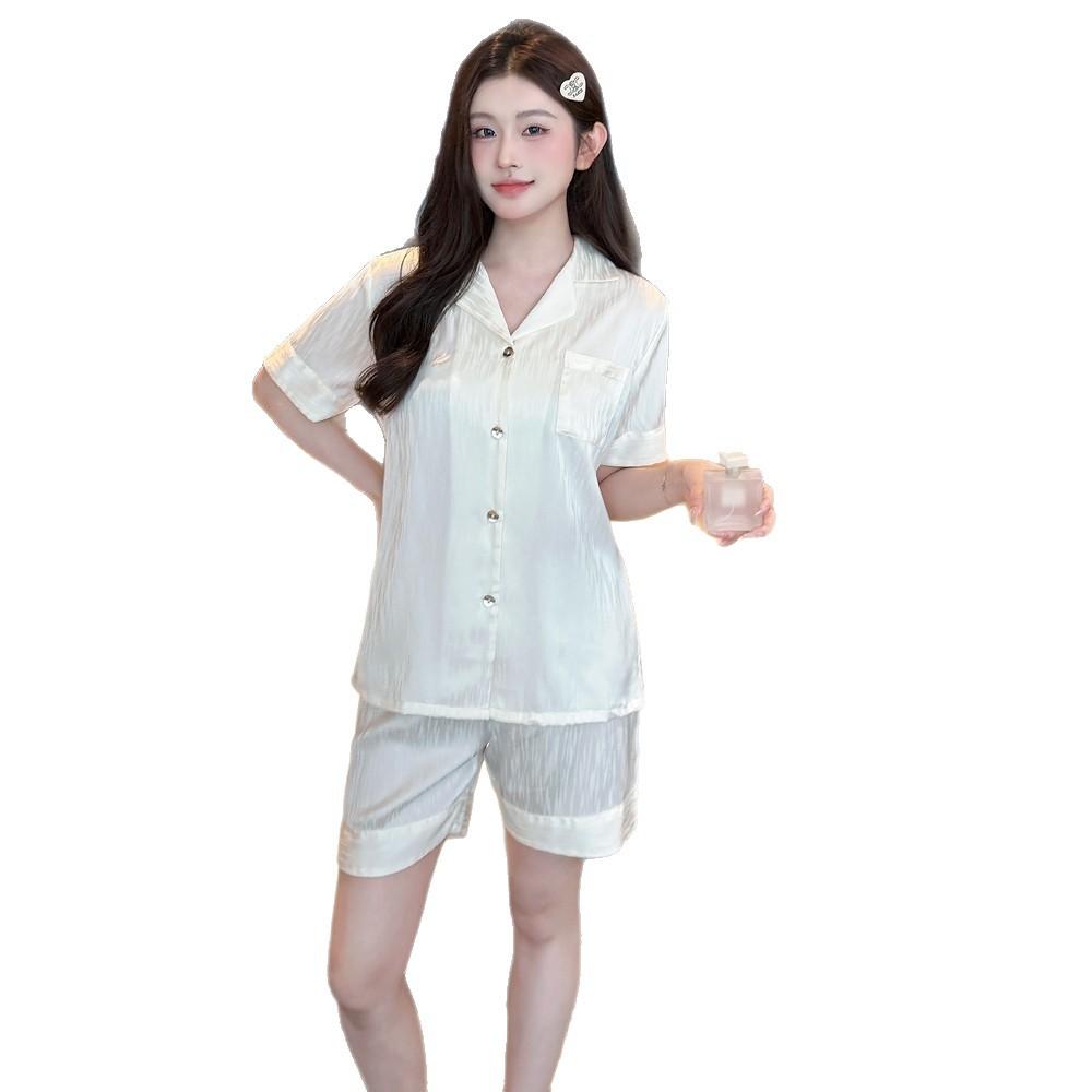 Summer dark pattern ice silk short-sleeved shorts pajamas women's loose loungewear set, thin breathable solid color two-piece set