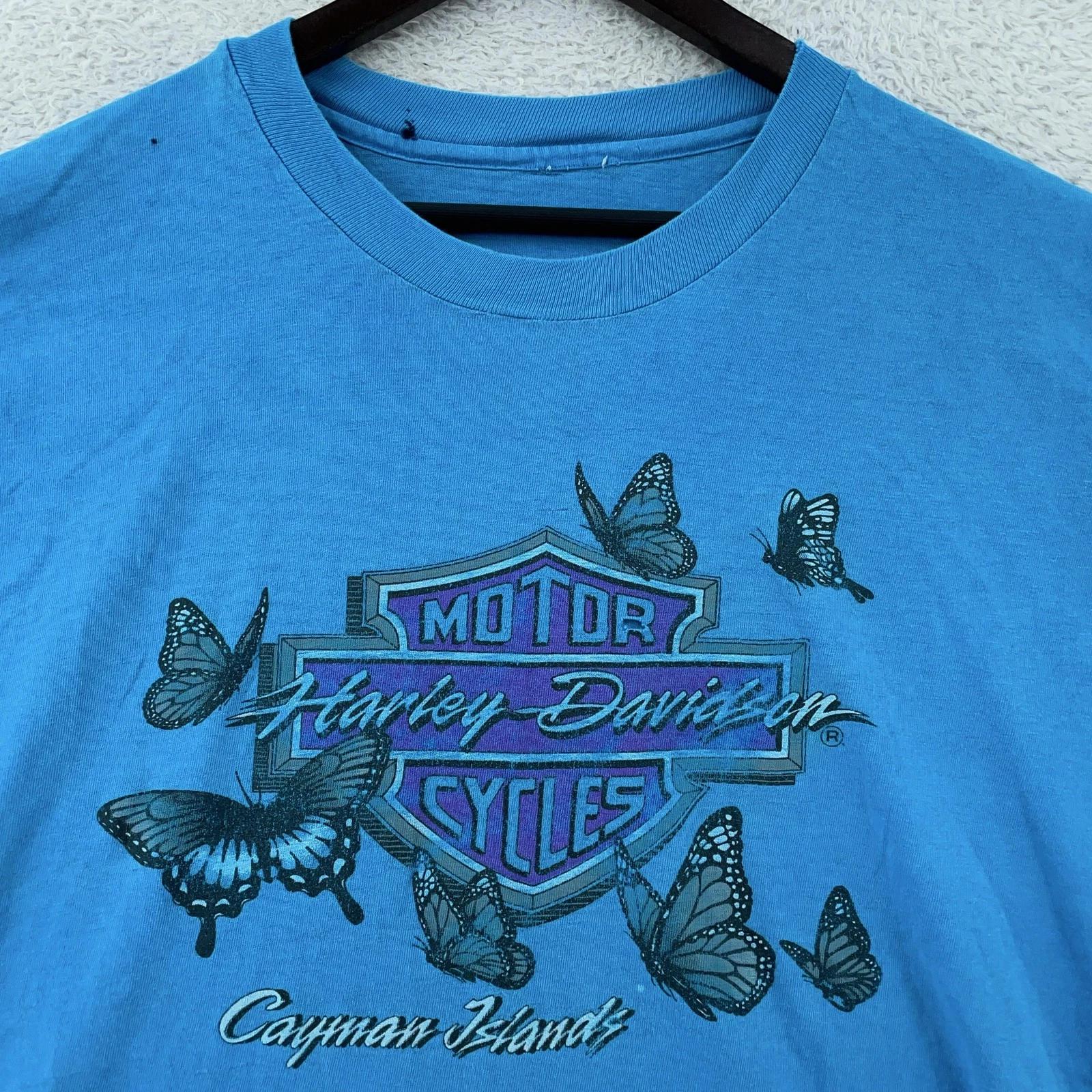 Distressed Vtg Harley-Davidson Butterfly T-Shirt Mens Large Blue Cayman Islands S