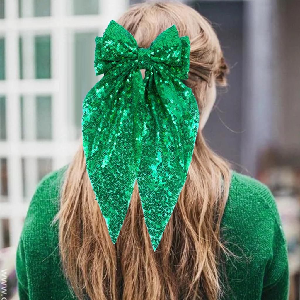 Fashionable Sequined Bow Spring Clip Mesh Ribbon Hair Clip Elegant Christmas and New Year Party Hair Accessory