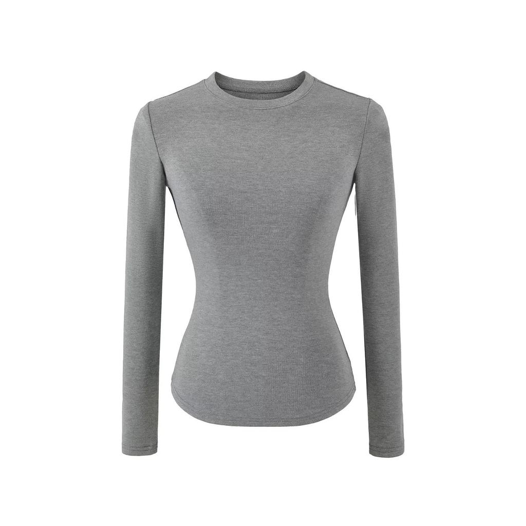 Women's Spicy Girl Round Neck Long Sleeve Yoga Tee - Slim Fit, Solid Color, Elastic Base Layer