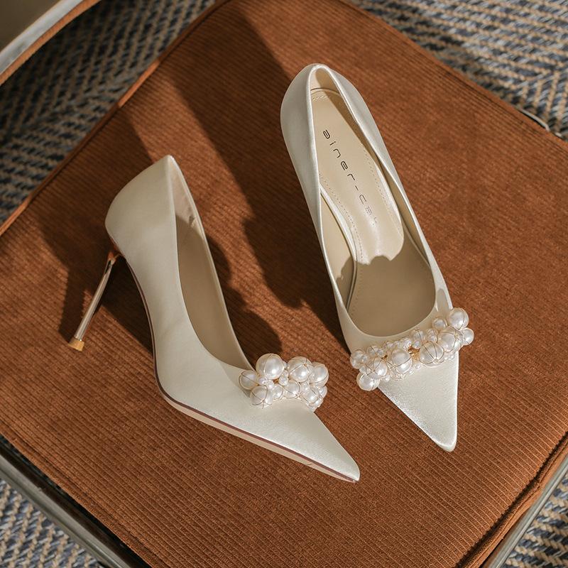 8820 Pointed High Heels Women's Thin Heels 2025 New Pearl Shallow Mouth Single Shoes Show Clothes Red Bridal Wedding Shoes