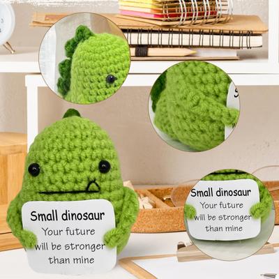 Positive Crocheted Dinosaur with Encouraging Card Emotional Support Handmade Knitting Dino Doll Toy Decoration Kids Adults Christmas Gift