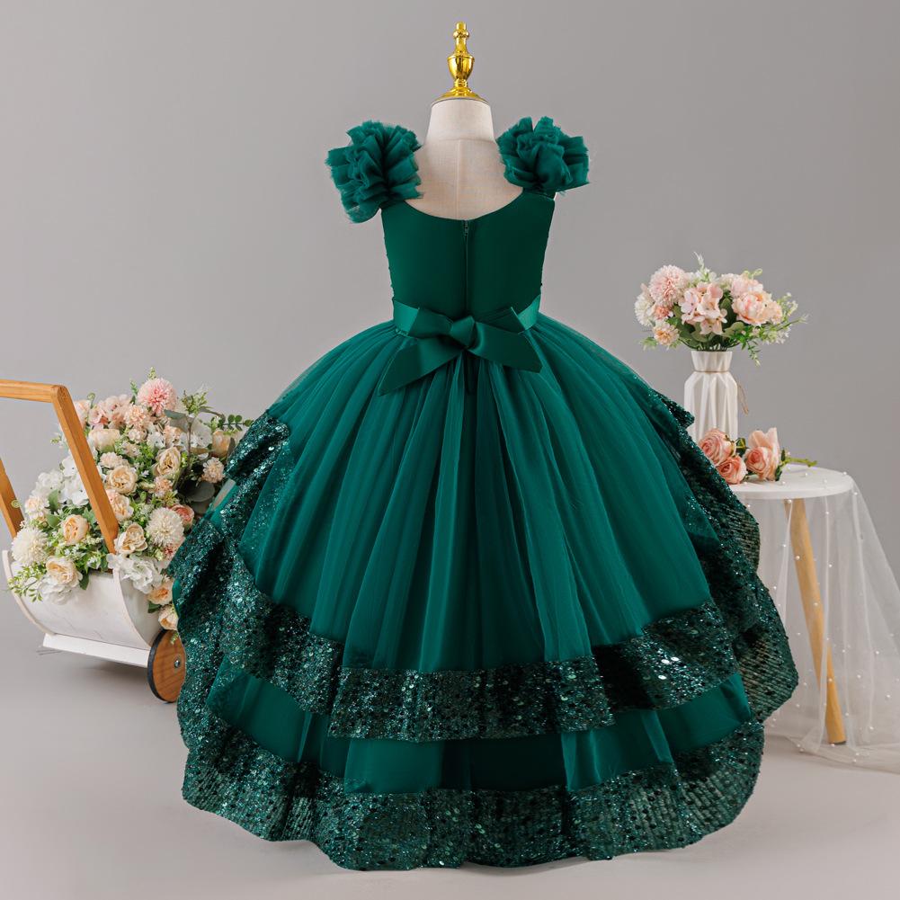 Pailletten-Prinzessinnenkleid: Formelles Kleid für Mädchen für Geburtstage und Partys – Schleife, Pailletten, Trägerlos, Schleppe
