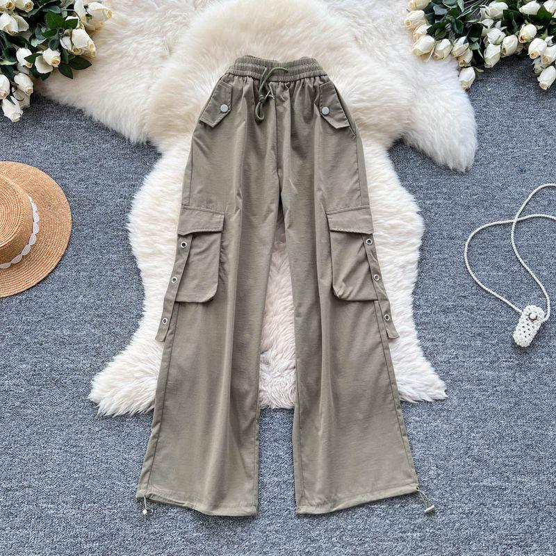 

American Fashion Casual Pants 2025 Summer Cargo Style Design Pocket Loose Wide Leg Straight Pants Mopping Pants Green L