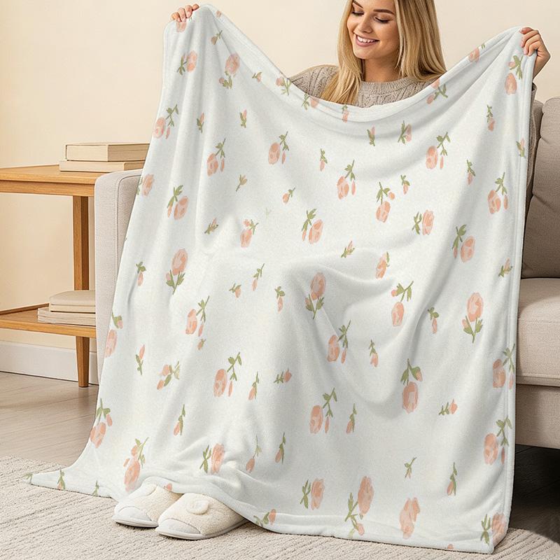 Flannel Throw Blanket - Short Plush Floral, Soft Warm Anti-Shed, Cozy Bedroom Decor for Single, Halloween & Christmas Home Use