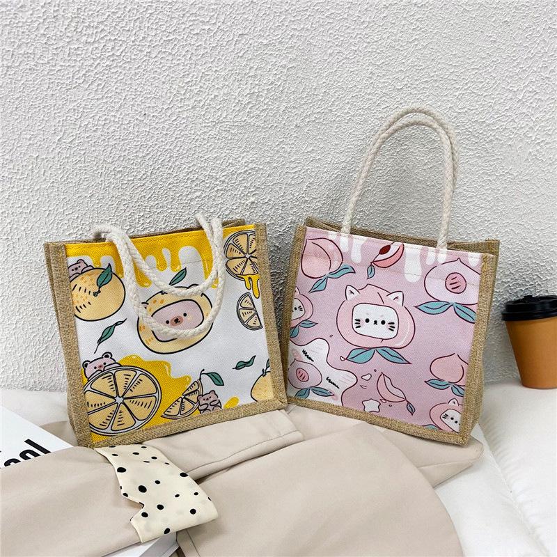Student Cartoon Canvas Handbag Cute Avocado Pattern Shopping Tote Bag for Girls