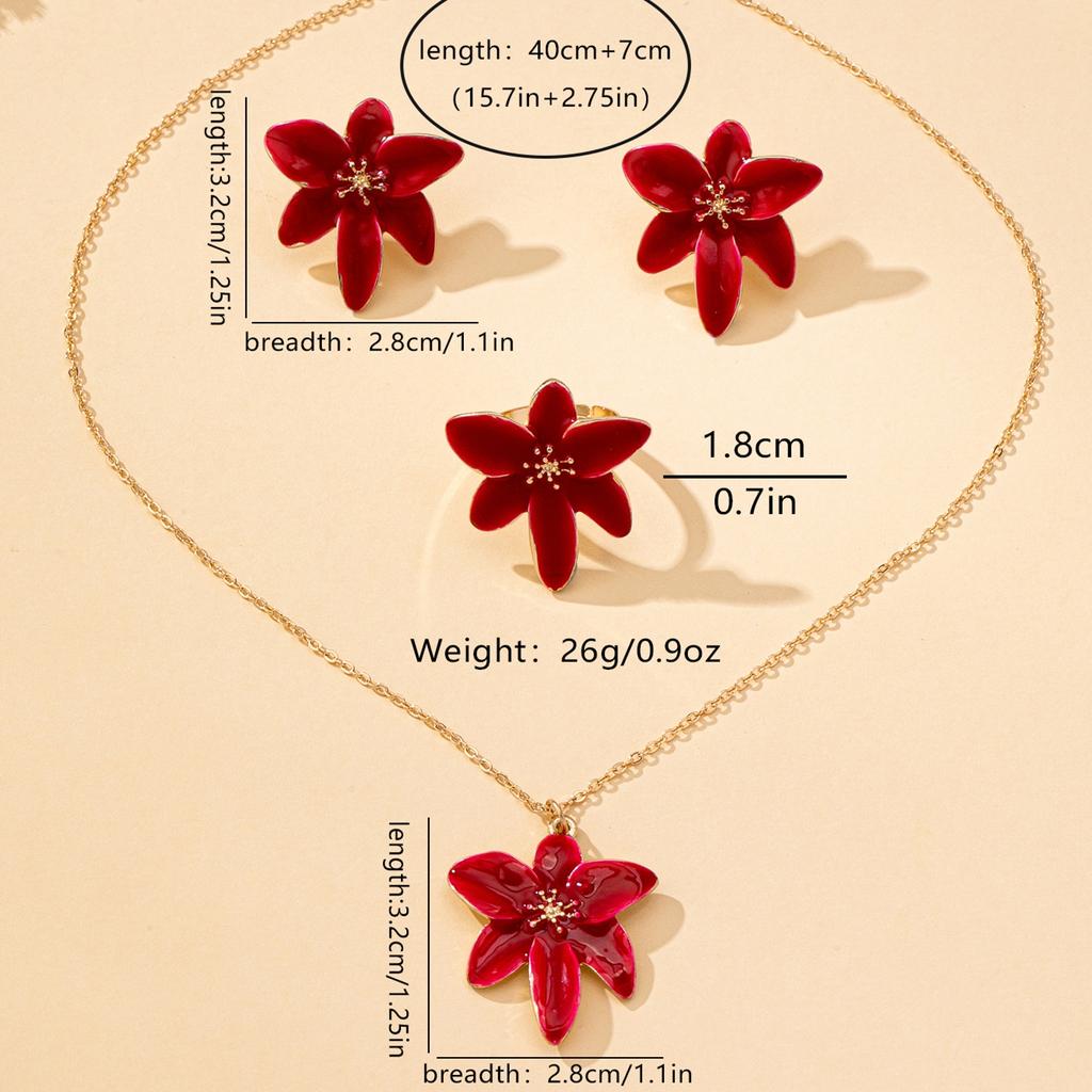 Set di Gioielli da Donna, Anello Fiore Rosso, Orecchini e Collana, Adatto per l'Uso Quotidiano e per le Vacanze