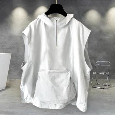 Men Summer Vest Hooded Zipper Half Placket Sleeveless Hip Hop Style Vest Jacket Solid Color Quick-Drying Large Pockets Waistcoat