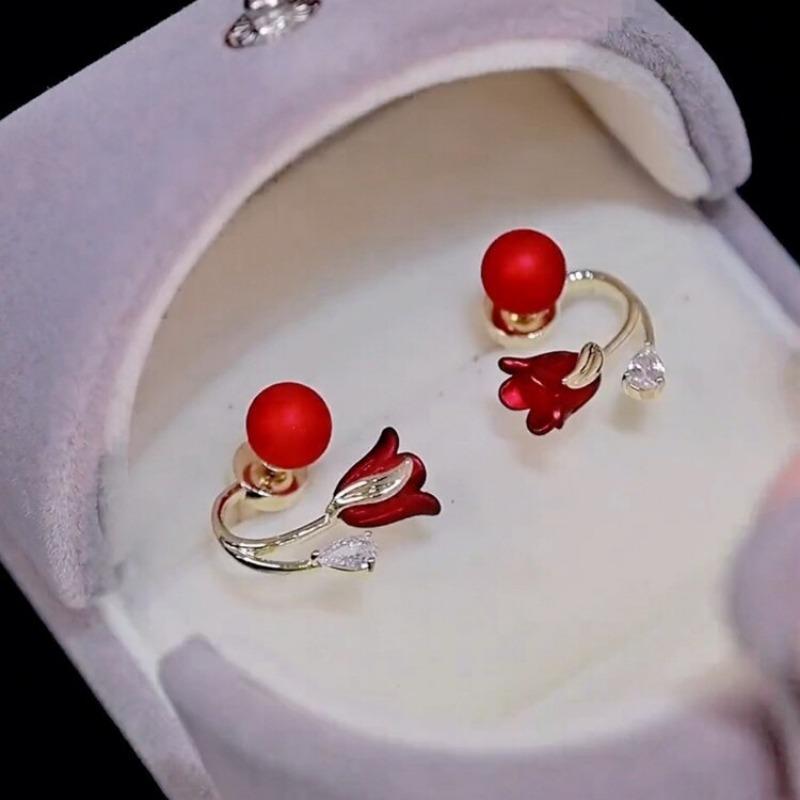 Two Wear Sweet Tulip Red Earrings For Women Luxury Post Hanging Ear Studs