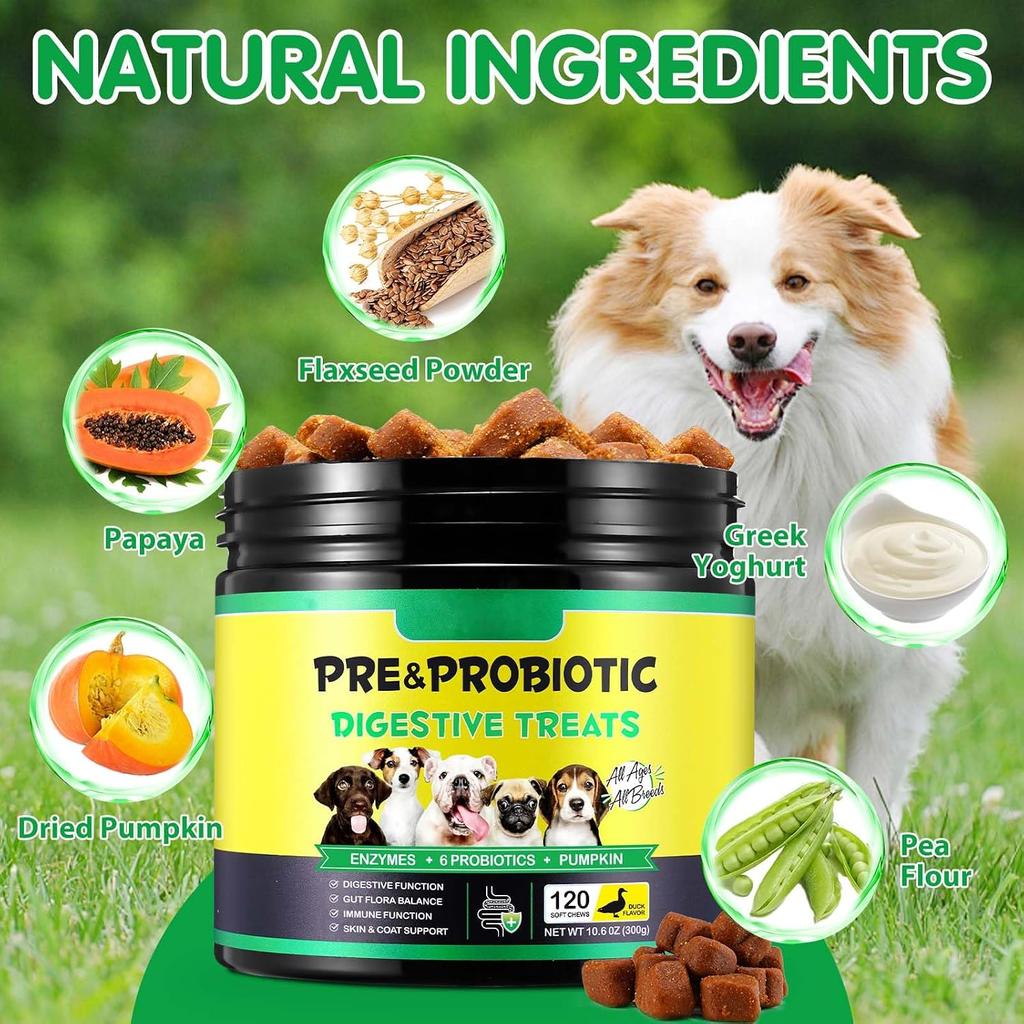 Masticativi Probiotici per Cani – Aiuta a Mantenere la Qualità delle Feci & l'Equilibrio Durante i Cambiamenti di Dieta, con Prebiotici & Enzimi, Gusto Pollo, 120 Masticativi Morbidi