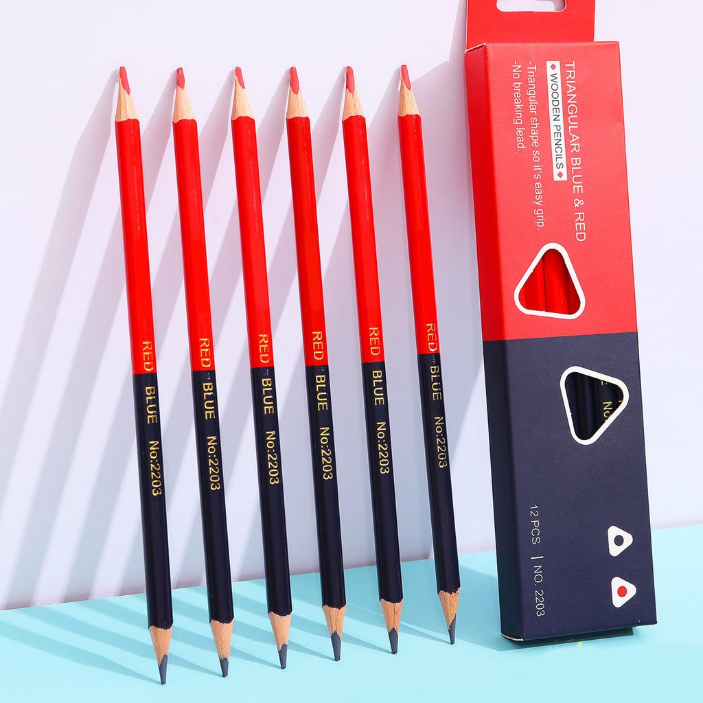 12Pcs Lápis de Verificação Lápis Vermelho e Azul Lápis de Cor Dupla Lápis Apagáveis Pré-Afiados para Verificação de Coloração