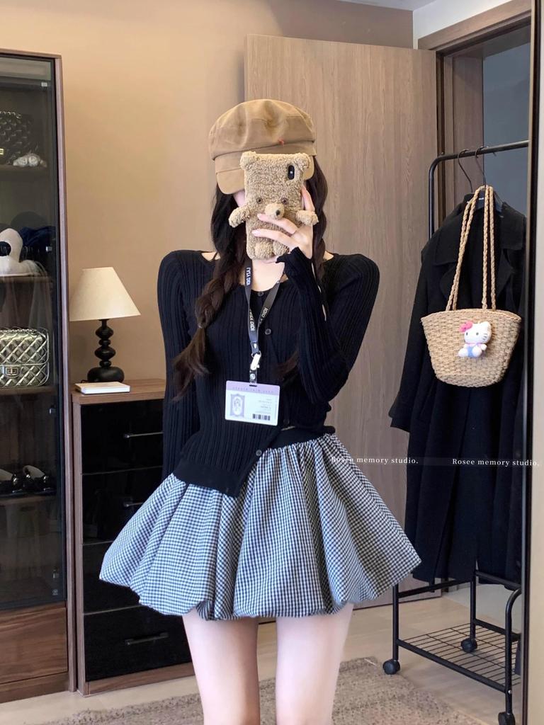 Korean Style Women's 2025 Summer High-Waist Slimming Midi Puff Skirt with Anti-Exposure Shorts