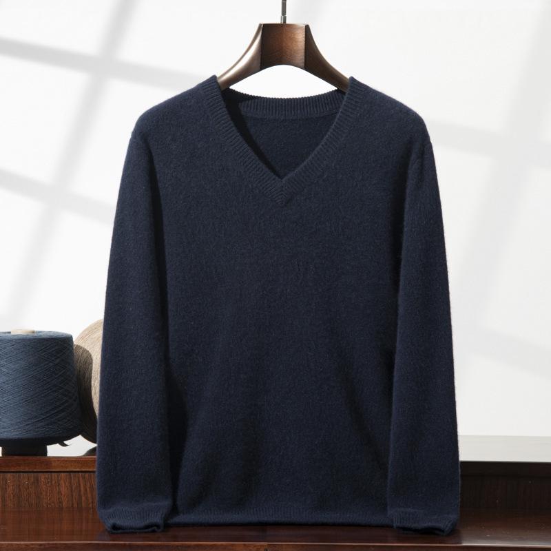 Men's Seven-Needle Cashmere V-Neck Sweater, Double-Strand Thickened, Soft Knit Base Layer for Autumn/Winter.
