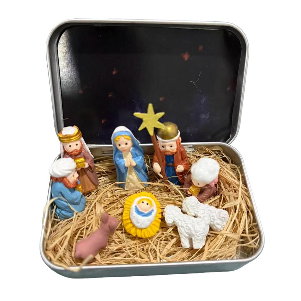Christmas Decorative Religious 3D Ornament Portable Tin Nativity Scene Religious Figurines Decor For Desk Shelf Office Bedroom