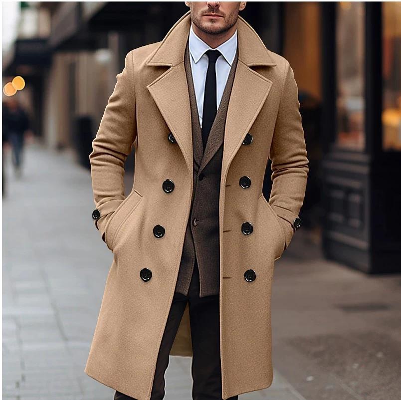 Men's Fashion Solid Color Woolen Coat Korean Version Double Breasted Mid Length Woolen Windbreaker Jacket