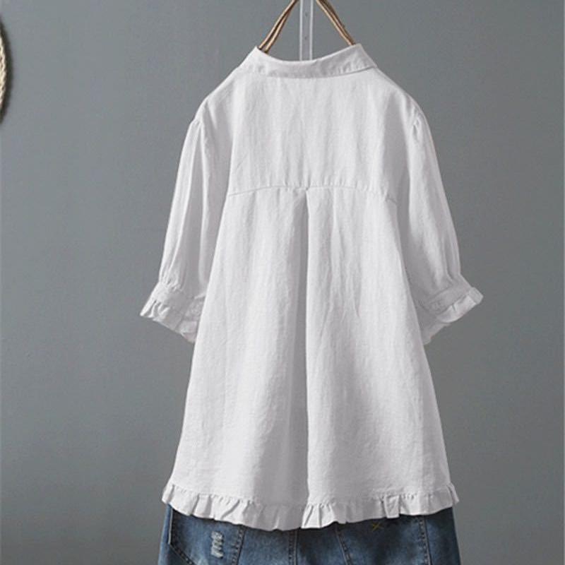 Summer Casual Single-breasted Ruffled Short-sleeved Shirt and Cotton-linen Top for Women